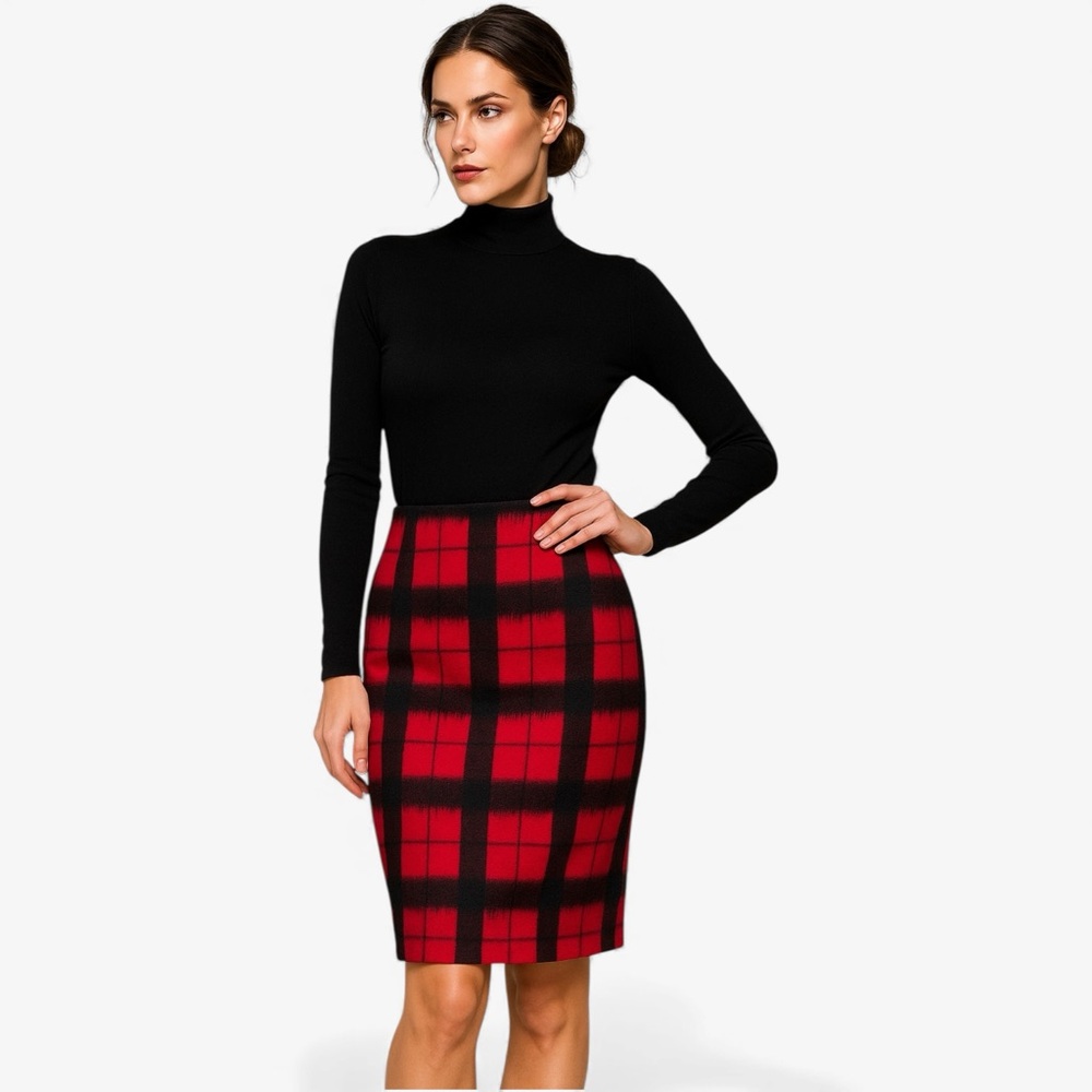 Talbots Red Black Wool Blend Windowpane Plaid Pencil Skirt Size 6